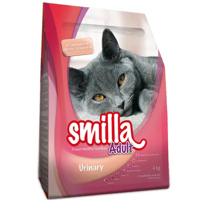 Pienso para gatos Smilla Adult Urinary, 4 kg. Texto visible: 'Finest Healthy Nutrition', 'Urinary', 'bei empfindlichem Nieren-/Harnsystem'. Imagen de un gato gris en el envase.