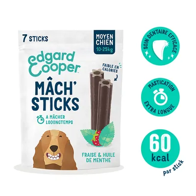 Edgard Cooper Mâch' Sticks pour chiens moyens (10-25 kg), fraise et huile de menthe, 7 pièces, respectueux des dents, durée de mastication prolongée, faible en calories, 60 kcal par stick.