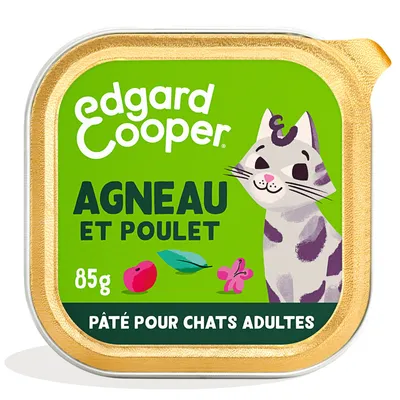 Edgard Cooper Pâté pour chats adultes, Agneau et Poulet, 85g. Design d’emballage vert avec illustration d’un chat et d’ingrédients comme feuille, fruit et fleur.