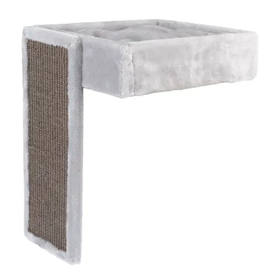 Cat bed with raised plush sides and a vertical scratching panel made of woven material on one side. Light grey fabric with brown scratch surface visible.