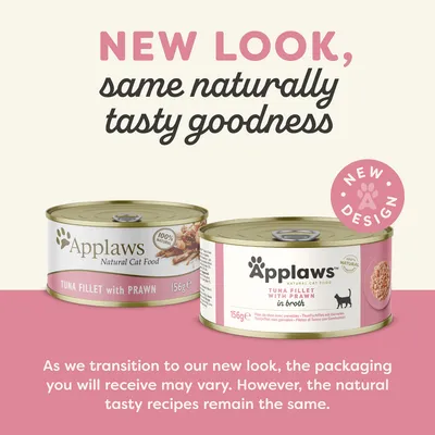 Applaws tuna fillet with prawn 156g tins shown in old and new packaging. Text: New look, same naturally tasty goodness. Packaging may vary but recipes remain the same.