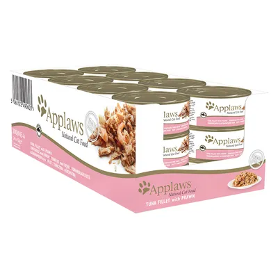 Pack de 6 boîtes Applaws Natural Cat Food, filet de thon avec crevette, texte visible : 100 % natural, TUNA FILLET WITH PRAWN, image du produit sur l’emballage.