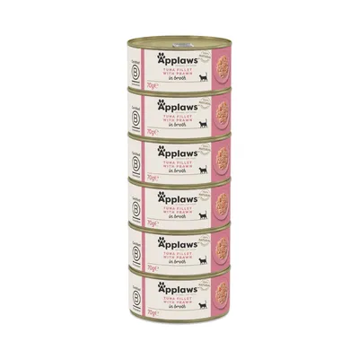 Applaws comida para gatos, filete de atum com camarão em caldo, latas de 70g, certificado B Corporation, ingredientes naturais.