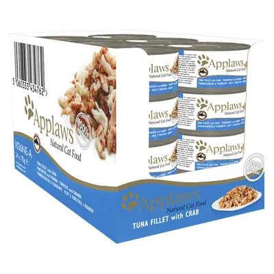 Applaws Natural Cat Food, Tuna Fillet with Crab, 24 x 70 g. Pakkauksessa näkyy teksti '100% natural'. Kissalle tarkoitettu tonnikalafile ja rapu -märkäruoka.