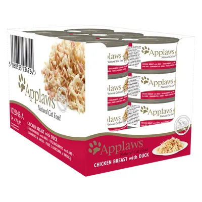Applaws Natural Cat Food, Chicken Breast with Duck, 24 x 70 g. Pakkauksessa näkyy purkit ja teksti: 100% natural. Kananrintaa ja ankkaa kissanruoka.
