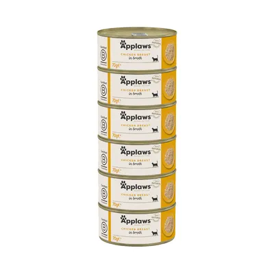 Applaws Chicken Breast in Broth, latas de 70g, produto certificado B-Corp, ingredientes naturais, adequado para gatos. Pilha de seis latas amarelas visível.