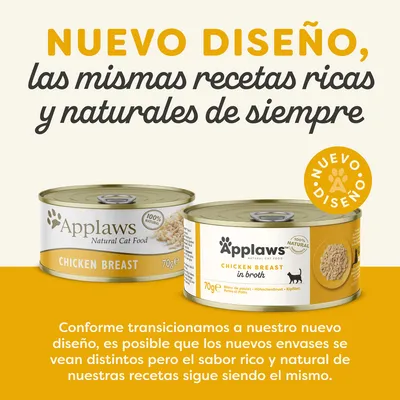 Applaws Natural Cat Food, CHICKEN BREAST 70g, nuevo diseño. Texto: Nuevo diseño, las mismas recetas ricas y naturales de siempre. Sabor y naturalidad no cambian.