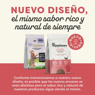 Applaws comida para gatos, nuevo diseño de envase. Texto: 'Nuevo diseño, el mismo sabor rico y natural de siempre'. 80 % proteína de pollo, 400 g. Sabor: pollo y pato.