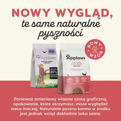 Nowy wygląd, te same naturalne pyszności. Applaws karma dla kota 400 g, 80% białka z kurczaka. Nowy wzór opakowania. Informacja: zawartość produktu pozostaje bez zmian.