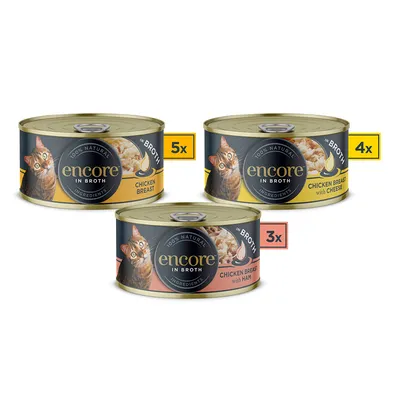 Encore Katzenfutter in Brühe: 5x Hühnerbrust, 4x Hühnerbrust mit Käse, 3x Hühnerbrust mit Schinken. 100% natürliche Zutaten.