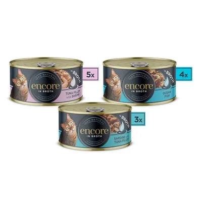 Encore in Broth Katzenfutter: 5x Thunfischfilet mit Garnelen, 4x Ocean Fish, 3x Sardine mit Thunfischfilet. 100% natürliche Zutaten.