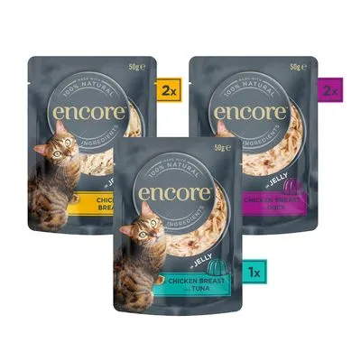 Encore kattenvoer jelly, 50g: 2x kipfilet, 2x kipfilet eend, 1x kipfilet tonijn. Verpakking toont kat en tekst '100% natuurlijke ingrediënten'.