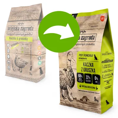 Dog food for adults, duck with pear flavour, hypoallergenic, grain-free, 68% meat, 32% vegetables, 0% grain. Packaging shows 9kg size and product details.