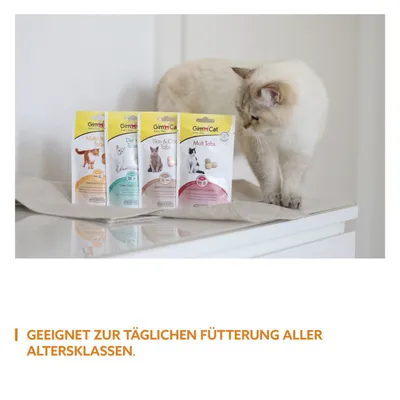 GimCat Multi-Vitamin Tabs, Derma Tabs, Skin & Coat Tabs, Malt Tabs pour chats. Texte en allemand : Geeignet zur täglichen Fütterung aller Altersklassen.