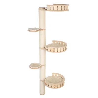 Cat tree made of wood with sisal post, four padded lying surfaces, three of which have a border.