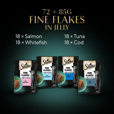 Sheba Fine Flakes in Jelly, 72 x 85g pouches: 18 salmon, 18 whitefish, 18 tuna, 18 cod. Image shows four pouch types with flavour names and quantities.
