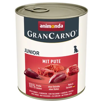 Консерва animonda GranCarno Junior MIT PUTE. 100% frische Zutaten, ohne Getreide ohne Gluten, Made in Germany. Изображение на месо отпред на опаковката.