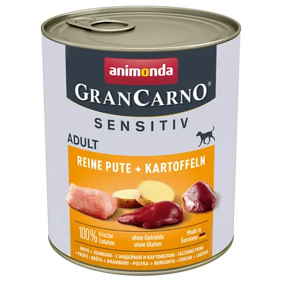 Animonda GranCarno Sensitiv Adult, чиста пуйка + картофи. 100% пресни съставки, без зърнени храни, без глутен. Произведено в Германия.