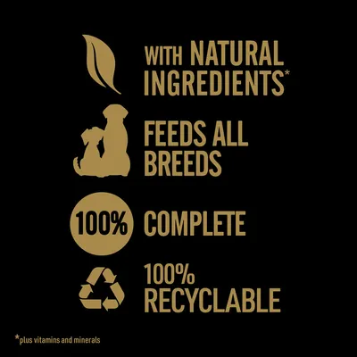 Text: WITH NATURAL INGREDIENTS*, FEEDS ALL BREEDS, 100% COMPLETE, 100% RECYCLABLE. *plus vitamins and minerals. Text v angličtině.