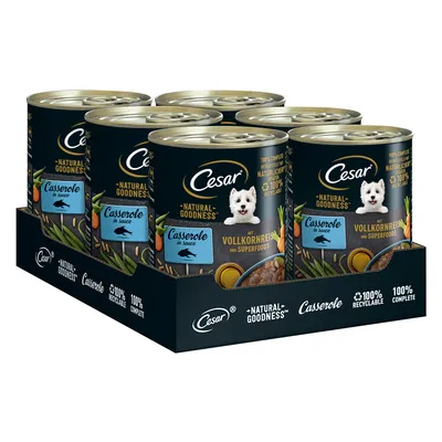 Tray of Cesar Natural Goodness Casserole in Sauce cans, visible text includes '100% recyclable', '100% complete', and 'mit Vollkornreis und Superfoods'. Black packaging with blue labels.