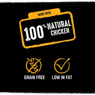 Text: Made with 100% natural chicken. Grain free. Low in fat. Texten är på engelska.