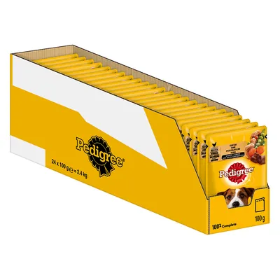 Pakiranje Pedigree vrećica za pse, 24 x 100 g, ukupno 2,4 kg. Na kutiji i vrećicama vidljiv naziv Pedigree, slika psa i povrća, oznaka 100% Complete.