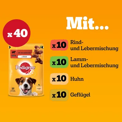Pedigree mokra hrana, 40 vrećica: po 10x mješavina govedine i jetre, mješavina janjetine i jetre, piletina, perad. S želeom, 100% potpuna i uravnotežena.