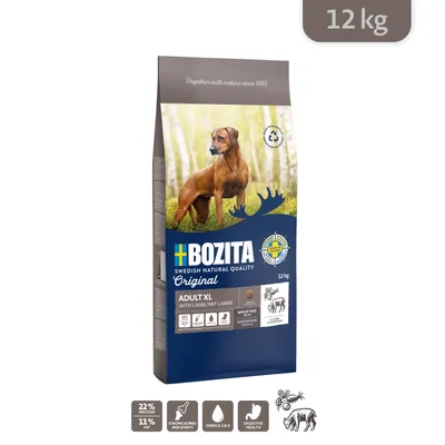 Bozita Swedish Natural Quality Original Adult XL with Lamb, 12 kg. Synlig tekst: 22 % protein, 11 % fedt, strong bones and joints, omega 3 & 6, digestive health, wheat free.