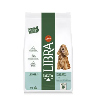 Sac de croquettes pour chien Affinity Libra Nutritional Balance, 3 kg, light in fat, dinde et céréales complètes, 27 % protéines, contrôle du poids, vitamines et minéraux visibles sur l’emballage.