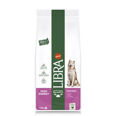 Sac de croquettes pour chien Libra High Energy au poulet, 12 kg, 28 % protéines, vitamines et minéraux, sans arômes artificiels, marque affinity, image d’un chien sur l’emballage.