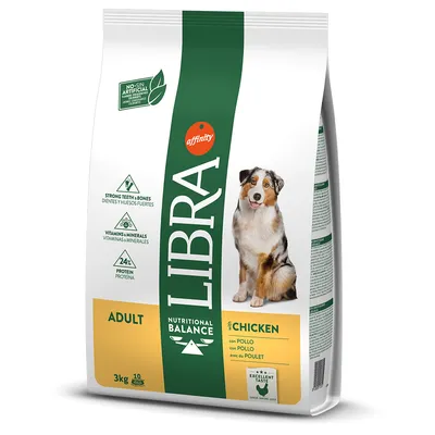 Sac de croquettes pour chien adulte Libra Nutritional Balance au poulet, 3 kg, 24 % protéines, vitamines et minéraux, sans colorants artificiels, marque Affinity visible.