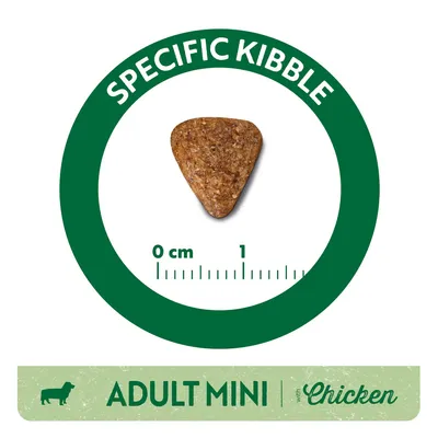 Granula s nápisom SPECIFIC KIBBLE, meradlo 0–1 cm, text ADULT MINI with Chicken. Zobrazenie veľkosti a tvaru granuly pre dospelých psov malých plemien s kuracím mäsom.