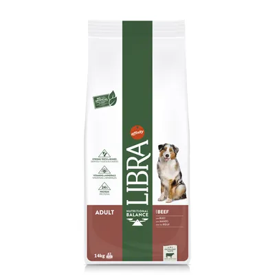 Sac de croquettes pour chien adulte Libra Nutritional Balance bœuf, 14 kg, 24 % protéines, vitamines et minéraux, densité osseuse, sans arômes artificiels visibles, marque Affinity.