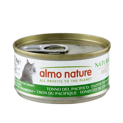 Almo Nature Natural HFC, Pacifikthunfisch, 70g Dose. Text: 'All profits to the planet'.