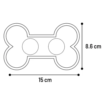 Diagram av en benformad produkt med måtten: längd 15 cm, höjd 8,6 cm.