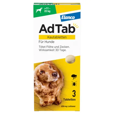 Elanco AdTab Kautabletten für Hunde 11-22kg. Tötet Flöhe und Zecken, Wirksamkeit 30 Tage. Packung enthält 3 Tabletten mit 450mg Lotilaner.