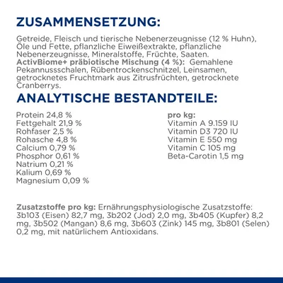 Zusammensetzung: Getreide, Fleisch, pflanzliche Nebenerzeugnisse, ActivBiome+ Mischung. Analytische Bestandteile: Protein 24,8%, Fett 21,9%. Zusatzstoffe pro kg: Eisen 82,7 mg, Zink 145 mg.