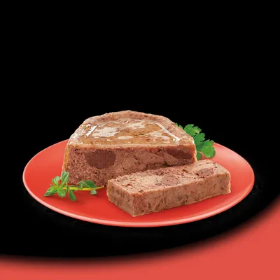 Chunky meat pâté served on a red plate with herbs, showing texture and consistency of the food product.