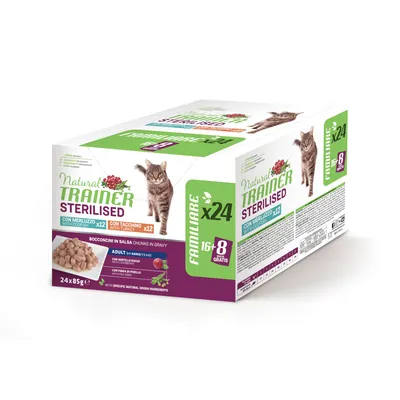 Natural Trainer Sterilised cat food, 24x85g, with cod and turkey. For sterilised cats from 1 year. Offer: 16+8 free. With natural ingredients.
