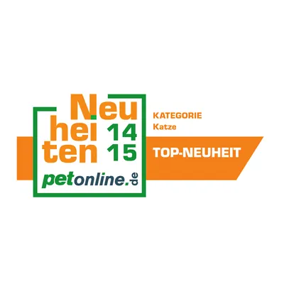 Testo in tedesco: Neuheiten 14 15, petonline.de, KATEGORIE Katze, TOP-NEUHEIT. Categoria novità per gatti, testo non tradotto.