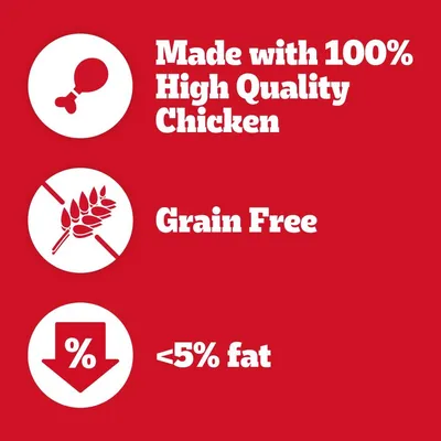 Made with 100% High Quality Chicken. Grain Free. <5% fat.