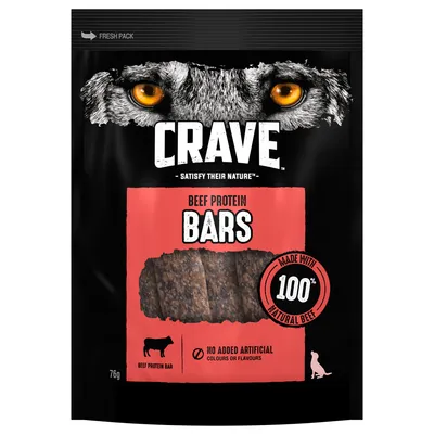 Beef protein bars made with 100% natural beef, no added artificial colours or flavours, 76g pack. Product image shows bar pieces and key features.
