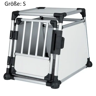 Transport box made of aluminium and plastic, size: S. Rectangular shape with grid door and sturdy black corner connectors.