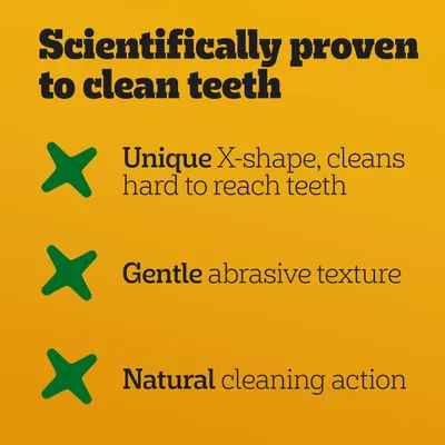 Scientifically proven: cleans teeth. Unique X-shape reaches hard-to-access teeth, gentle abrasive texture, natural cleaning effect.