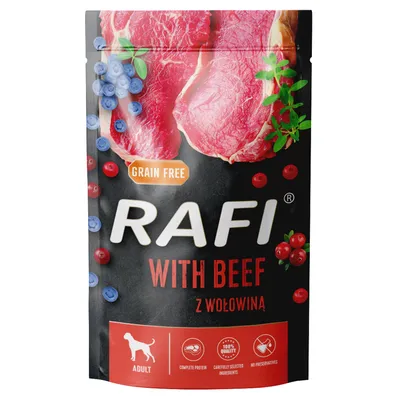 Rafi Adult krmivo pro psy s hovězím, bez obilovin, pečlivě vybrané ingredience, bez konzervantů. Obal zobrazuje maso, borůvky a brusinky.