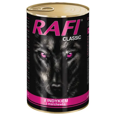 RAFI Classic konzerva mokrého krmiva s krůtou a mrkví, černý design s motivem vlka a růžovými akcenty.