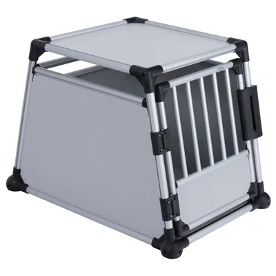 Transport box made of silver metal with grid door and sturdy black plastic connectors. Rectangular shape, suitable for safe transport.