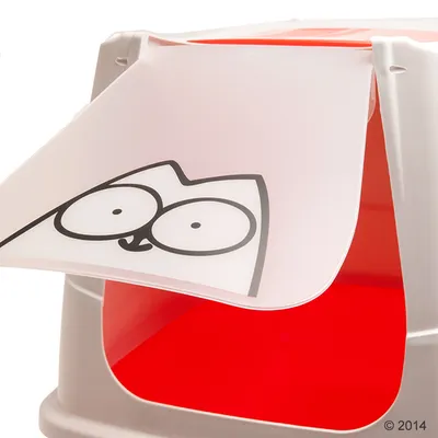 Sportello trasparente con disegno di gatto stilizzato su toilette chiusa per gatti, interno rosso visibile. Materiale plastica.