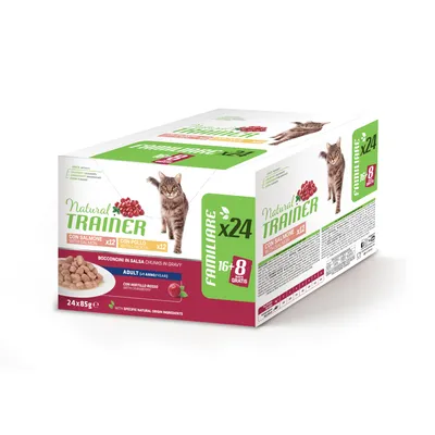 Natural Trainer Familiare comida para gatos, 24x85g, trocitos en salsa con salmón y pollo. Para gatos adultos a partir de 1 año. Con arándanos rojos e ingredientes naturales.