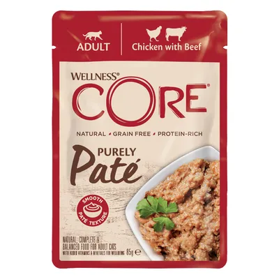 Wellness CORE Purely Paté, Adult, Chicken with Beef, natürlich, getreidefrei, proteinreich, glatte Paté-Textur, ausgewogene Nahrung für erwachsene Katzen, 85g.